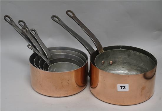 Seven 19th century French copper saucepans